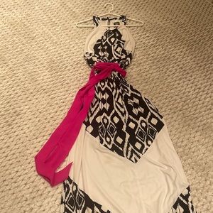 Vince Camino navy and white patterned long summer dress with hot pink sash
